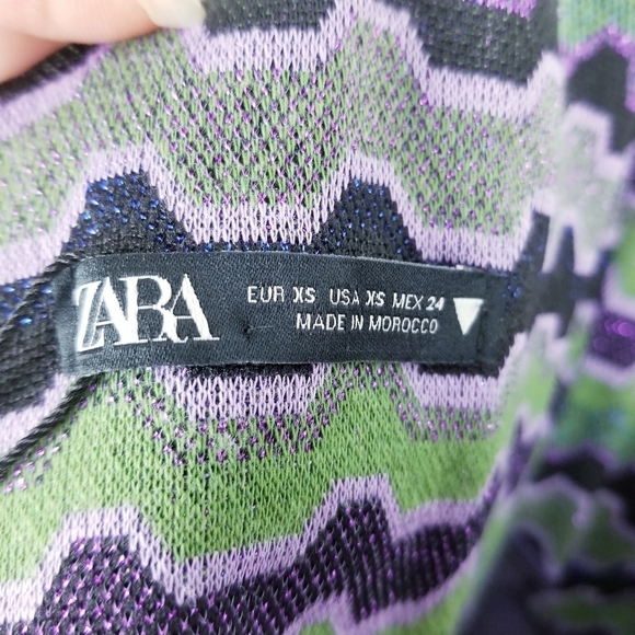 Zara Metallic Purple Green Glitter Chevron Patterned Long Sleeve Bodycon Dress - Picture 4 of 14